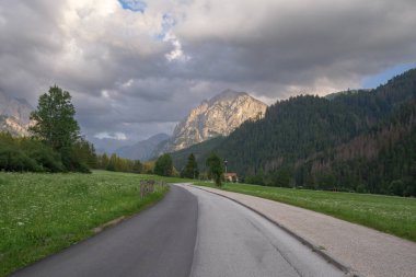 Bir yaz günü, İtalya 'da Yeşil Çayırlar ve Alp Dağları arasındaki yol.