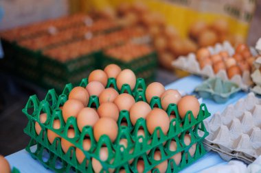 Yeşil Plastik Paketlerinde bulunan yumurtalar bir tanesini diğerinin tepesinde düzenledi..