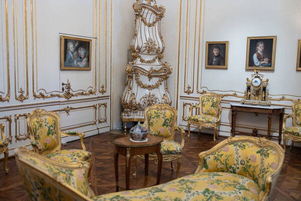 Luxurious Sitting Room in Schnbrunn Palace in Vienna with Gilded Accents and Floral Pattern, Austria