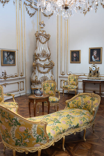 Luxurious Sitting Room in Schnbrunn Palace in Vienna with Gilded Accents and Floral Pattern, Austria