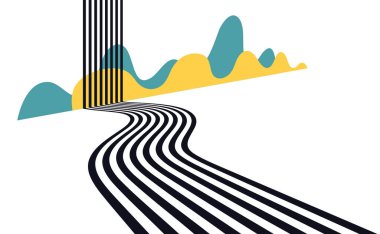 3D perspektif ufuk karayolu siyah beyaz çizgiler arka plan. Dağın arkasında.