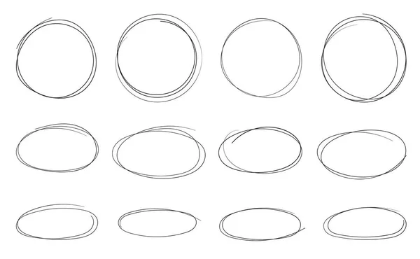 Hand Drawn Circle Ellipse Lower Degree Ellipse Set Doodle Ovals — Stock Vector