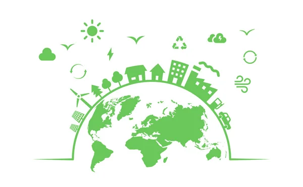 周辺環境の生態系は地球上の緑の都市開発をリサイクル — ストックベクタ