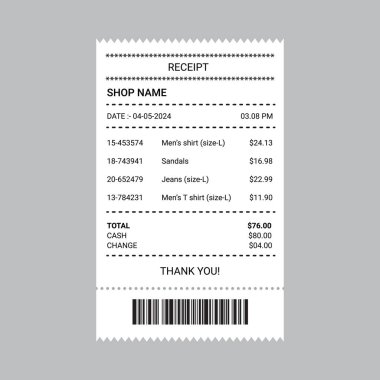 Receipt paper shopping bill barcode payment check received clipart