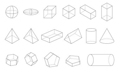 3d Geometrik şekil çizgileri küre, elipsoid, kare, dikdörtgen, piramit, silindir, beşgen, altıgen ve prizma
