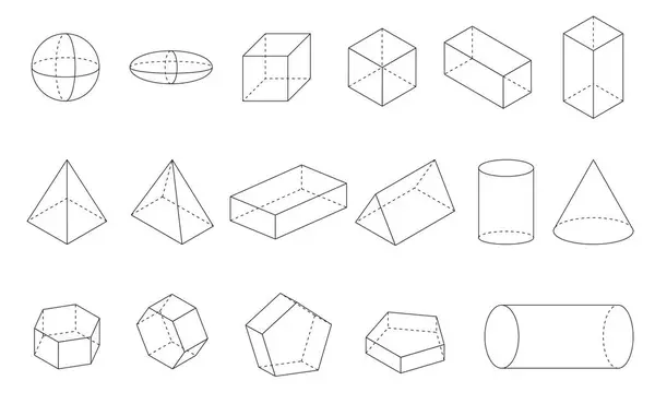 3d Geometrik şekil çizgileri küre, elipsoid, kare, dikdörtgen, piramit, silindir, beşgen, altıgen ve prizma