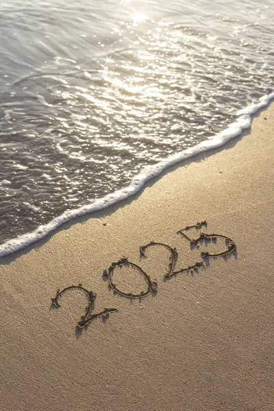 Yazılı metin 2025 Gün doğumunda deniz sahilinde.
