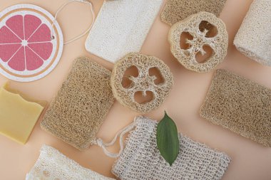 Doğal lif süngeri bej arka planda izole edildi.