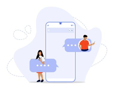 Sohbet Konsepti, Flört uygulaması ve sanal ilişki. Sohbet balonu, arkadaşlarla sohbet ve yeni mesajlar gönderme, İniş sayfası, UI, web, Uygulama giriş kartı, başyazı, el ilanı ve afiş için uygun