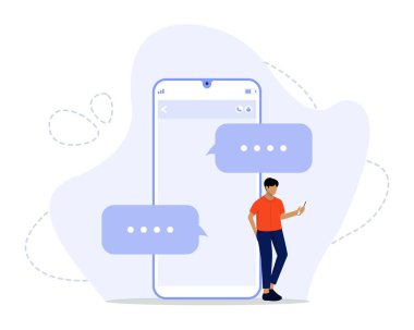 Sohbet Konsepti, Flört uygulaması ve sanal ilişki. Sohbet balonu, arkadaşlarla sohbet ve yeni mesajlar gönderme, İniş sayfası, UI, web, Uygulama giriş kartı, başyazı, el ilanı ve afiş için uygun