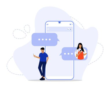 Sohbet Konsepti, Flört uygulaması ve sanal ilişki. Sohbet balonu, arkadaşlarla sohbet ve yeni mesajlar gönderme, İniş sayfası, UI, web, Uygulama giriş kartı, başyazı, el ilanı ve afiş için uygun