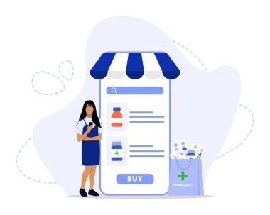 Çevrimiçi Eczane Konsepti, Eczacıya danışmanlık ve danışmanlık hizmeti sunar. İniş sayfası, UI, web, Uygulama giriş kartı, editör, el ilanı ve afiş için uygundur.