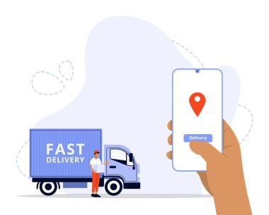 Çevrimiçi Teslimat Servisi Konsepti, dağıtıcının müşteriye paket göndermesi, iniş sayfası, UI, Web, Uygulama giriş kartı, editör, el ilanı ve afiş için uygun