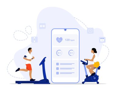 Kardiyo Kontrol Konsepti, kardiyo kontrol koşu bandında yürüyen gençlerin iniş sayfası, UI, web, Uygulama giriş kartı, başyazı, el ilanı ve afiş için uygun olduklarını gösteriyor.