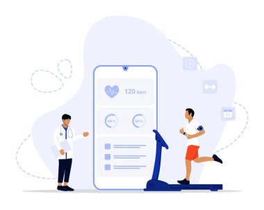 Kardiyo Kontrol Konsepti, kardiyo kontrol koşu bandında yürüyen gençlerin iniş sayfası, UI, web, Uygulama giriş kartı, başyazı, el ilanı ve afiş için uygun olduklarını gösteriyor.