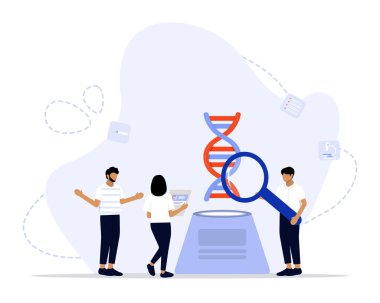 Genetik DNA Bilimi Konsepti, DNA 'yı araştıran bir grup genç bilim adamının iniş sayfası, ui, web, Uygulama giriş kartı, başyazı, el ilanı ve afiş için uygun olduğunu gösteriyor.