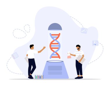 Genetik DNA Bilimi Konsepti, DNA 'yı araştıran bir grup genç bilim adamının iniş sayfası, ui, web, Uygulama giriş kartı, başyazı, el ilanı ve afiş için uygun olduğunu gösteriyor.