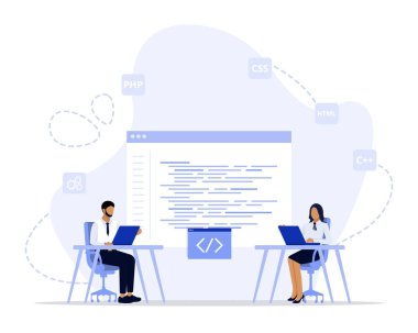 Çift programlama konsepti çizimi. Web iniş sayfası için elverişli, ui, mobil uygulama, editoryal tasarım, broşür, pankart ve diğer ilgili durumlar.