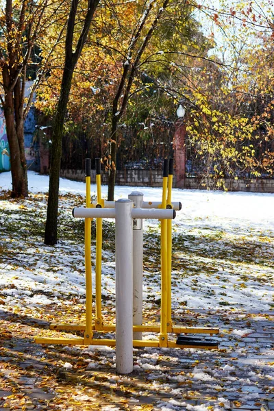 冬の公園の屋外ワークアウト機器は — ストック写真