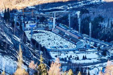Almaty, Kazakhstan - December 01, 2022: Medeo skating rink with people skating