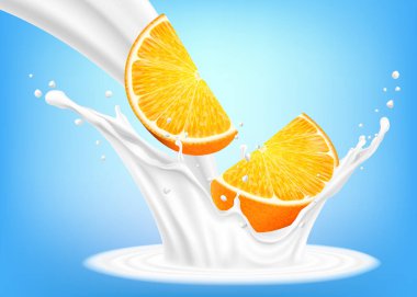 Sütlü portakal meyvesi ya da yoğurt suyu. Taze portakal dilimleri sütün içine düşer. Paketleme tasarımın için bir element. Gerçekçi 3d vektörü