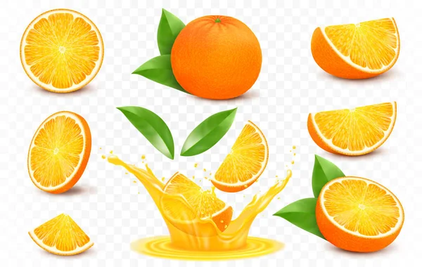 Frische Orangenfrüchte Ganz Und Scheiben Geschnitten Spritzer Orangensaft Realistisches Vektorsymbolset — Stockfoto
