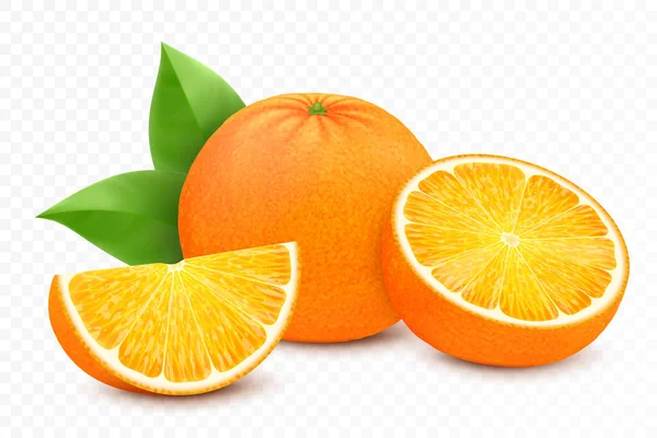 新鲜的橙子 多汁的橙子 和整个果实 被白色的背景隔离 现实的3D矢量说明 — 图库照片