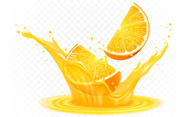 オレンジスライス現実的なベクトルとジューススプラッシュ 3D柑橘類の果物の液体 夏の熱帯休暇の飲み物のシンボル 動きに流れる新鮮なビタミン甘い液体 隔離された背景イラスト — ストック写真