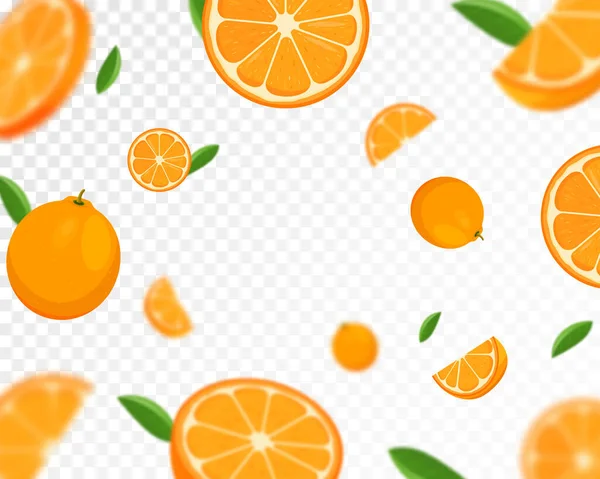 オレンジ柑橘類の背景 透明な背景に緑の葉でオレンジを飛んでいます オレンジは違う角度から落ちてくる 焦点とぼやけた物体 フラット漫画ベクトル — ストック写真