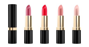 Renkli ruj seti. Kırmızı, pembe, turuncu, çıplak ruj modeli. 3D gerçekçi ambalaj. Dudak için dekoratif kozmetik. Boş konteynır şablonu. Vektör illüstrasyonu beyazda izole edildi