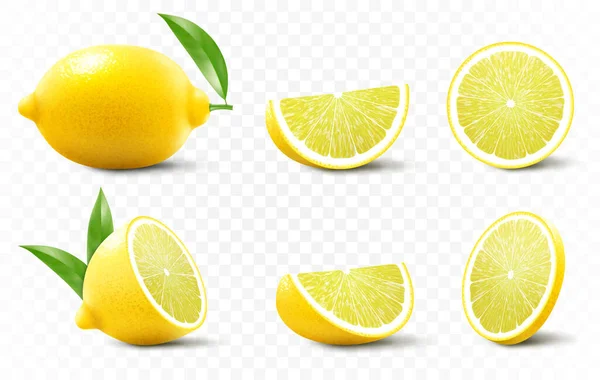 一组新鲜的柠檬 背景透明 整个柠檬 一半和切片柠檬 现实的3D矢量图解 完全可编辑的手工网目 — 图库照片