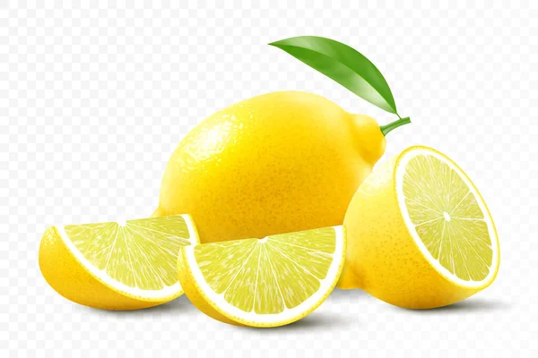 Limone Fresco Isolato Fondo Trasparente Limone Intero Metà Affettare Limone — Foto Stock