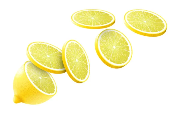 Meio Limão Flying Slices Limão Isolado Fundo Branco Ilustração Vetorial — Fotografia de Stock