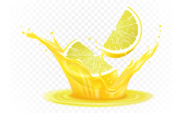 新鲜成熟的柠檬在果汁的飞溅 隔离在透明的背景 柠檬片分为新鲜果汁 现实的3D载体图解 柑橘类液体 夏季热带度假的象征 — 图库照片