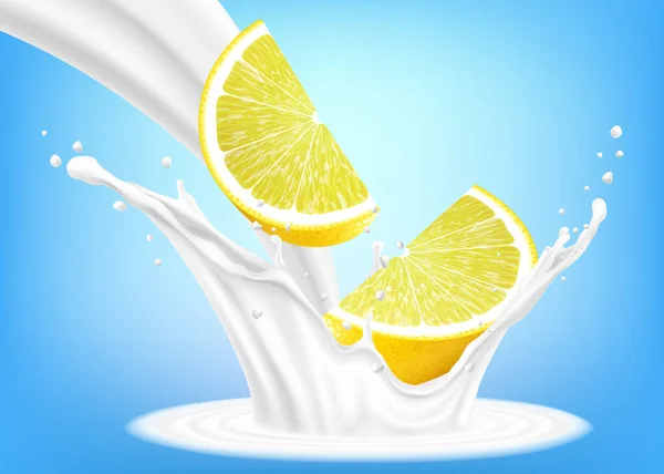 Zitronenfrüchte Milch Oder Joghurt Spritzen Frische Zitronenscheiben Fallen Die Milch — Stockfoto