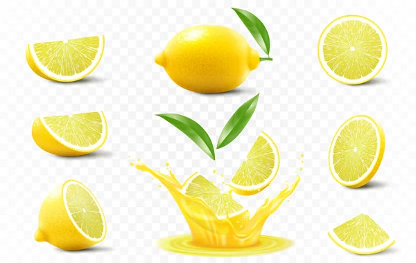 一套成熟的柠檬 一半和一片柠檬都掉进了新鲜的果汁里 现实的3D矢量图解 在透明的背景下孤立 — 图库照片