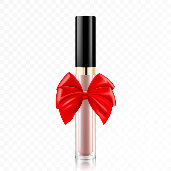 唇膏或唇彩 带有红色丝带和蝴蝶结 3D现实的模型 惊喜的概念 化妆品矢量模板 用于广告 包装设计 — 图库照片