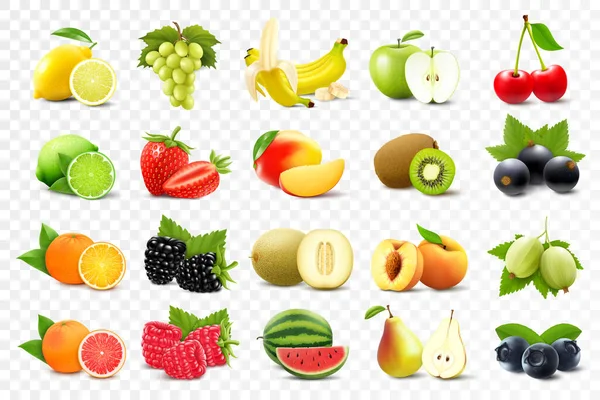 Conjunto Realista Varios Tipos Frutas Con Naranja Kiwi Pera Limón —  Fotos de Stock