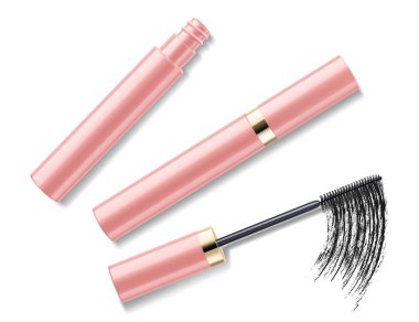 Maskara ve siyah fırça darbesi, kozmetik nesne, güzellik konsepti. Beyaz arka planda izole edilmiş gerçekçi 3d vektör çizimi. Mascara moda afişi, reklam için şablon veya dergi sayfası.