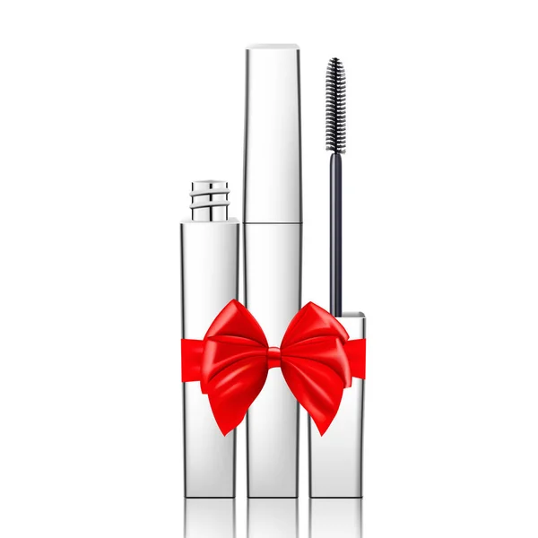 赤いリボンと弓を持つマスカラは 白い背景に隔離されています 3Dリアルなモックアップ プレゼント プレゼント サプライズコンセプト 化粧品ベクトルテンプレート バナー パッケージデザインの使用 — ストック写真
