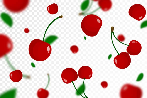赤いジューシーな桜の背景を飛んでぼかし効果 透明な背景に異なるサイズの果実 バナー ポスター 包装紙に使用することができます ベクターイラスト — ストック写真