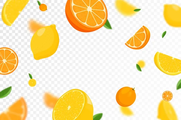 柑橘類の背景 透明な背景に緑の葉でレモンとオレンジを飛んでいます レモンとオレンジが違う角度から落ちてくる 焦点とぼやけた物体 フラット漫画ベクトル — ストック写真