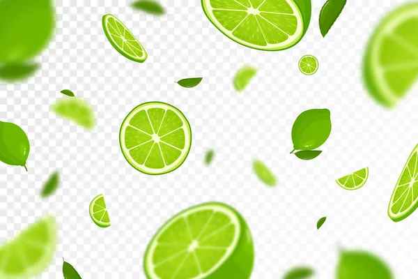 Flying Fresh Limes Lime Slices Background Seamless Pattern Defocused Blur — Stock Photo, Image