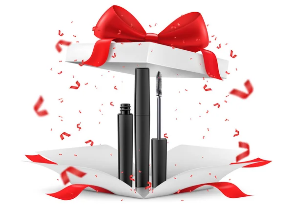 Mascara Open Geschenkdoos Geïsoleerd Witte Achtergrond Witte Geschenkdoos Met Cosmetische — Stockfoto