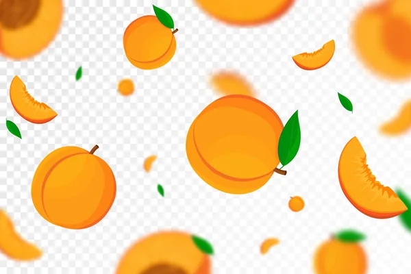 透明な背景に隔離されたジューシーな熟した桃の実が落ちる 全体を飛んで ぼかし効果で桃のスライス バナー ポスター 印刷に使用できます ベクトルフラットデザイン — ストック写真