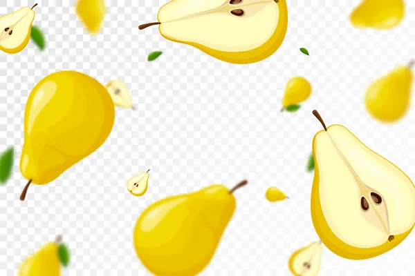 透明な背景に隔離されたジューシーな熟した梨の実を落下させます 全体を飛んで ぼかし効果で梨をスライスしました バナー ポスター 印刷に使用できます ベクトルフラットデザイン — ストック写真