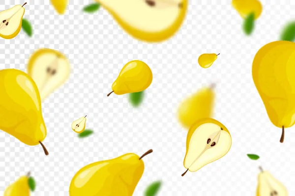 透明な背景に隔離されたジューシーな熟した梨の実を落下させます 全体を飛んで ぼかし効果で梨をスライスしました バナー ポスター 印刷に使用できます ベクトルフラットデザイン — ストック写真
