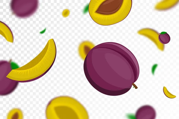 Ameixas Queda Isoladas Fundo Transparente Voando Frutas Ameixa Inteiras Fatiadas — Fotografia de Stock
