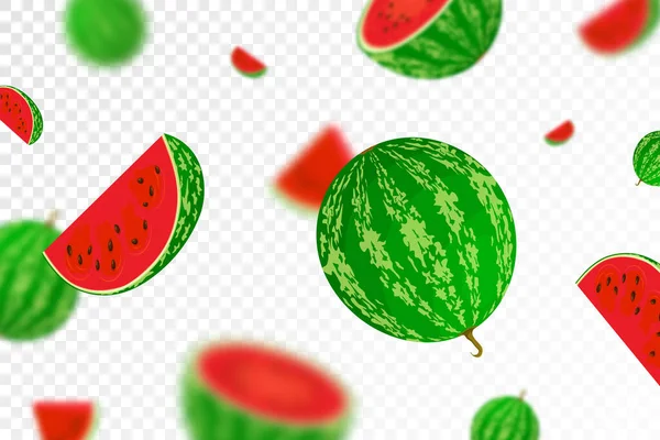 落下来的西瓜 在透明的背景下被隔离 整体飞行 瓜果切片 效果模糊 可用于广告 印刷品等 矢量平面设计 — 图库照片