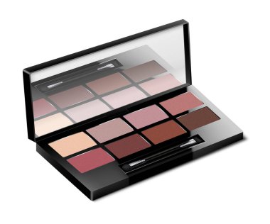 Makyaj rengi göz farı paleti beyaz arkaplanda izole edilmiş. Göz farı ya da allık kutusu. Aynalı kompakt makyaj kozmetik çantasını aç, 3 boyutlu gerçekçi vektör şablonu.